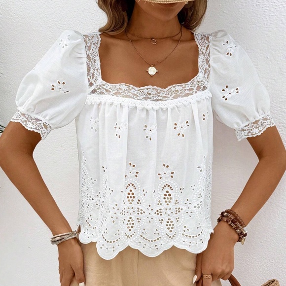 012 Boho White Eyelet Puff Sleeve Lace Blouse - Picture 3 of 5